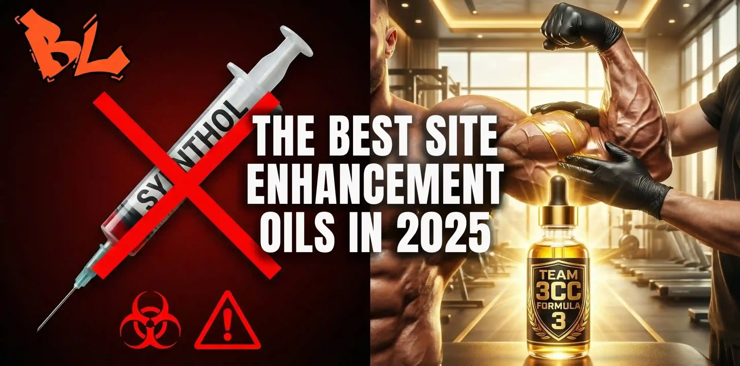 2025 site enhancement oils: left side Synthol syringe crossed out with biohazard warning (dangerous), right side muscular arm flexing with TEAM 3CC Formula 3 bottle (safe & effective).