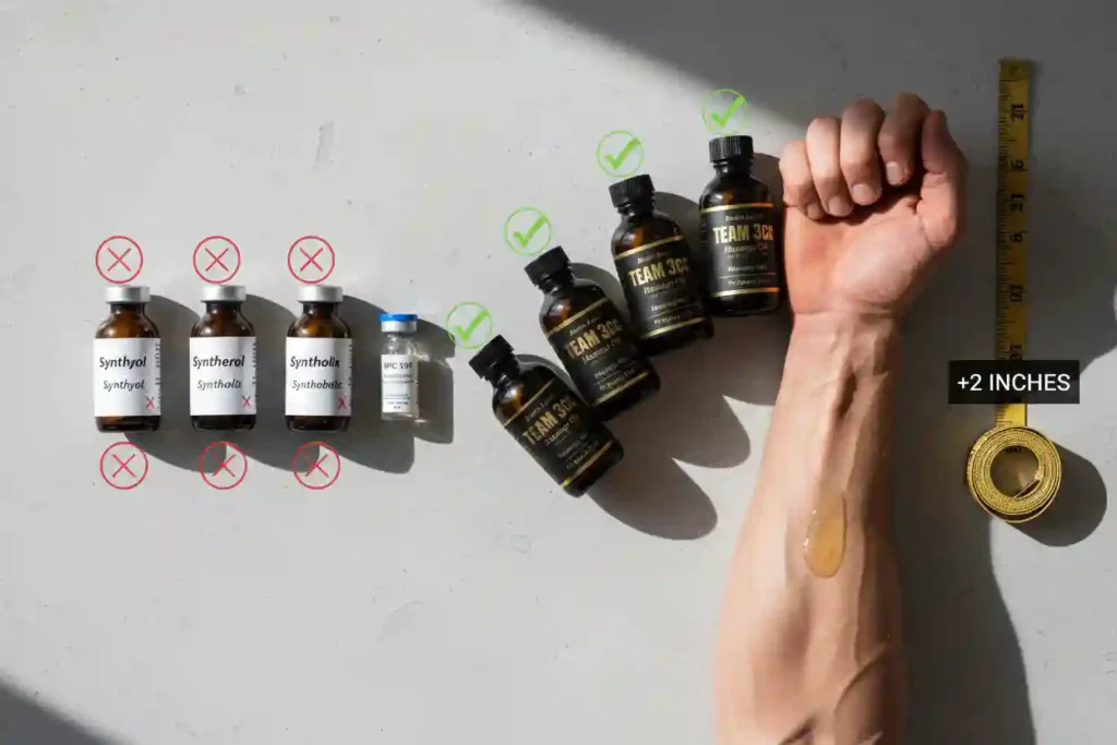 2025 site enhancement oil comparison: Synthol, Syntherol, Syntholix, Synthobolic (red X – not recommended) vs BPC-157 + TEAM 3CC topical massage oils (green checkmarks) with +2 inches measuring tape on vascular forearm.