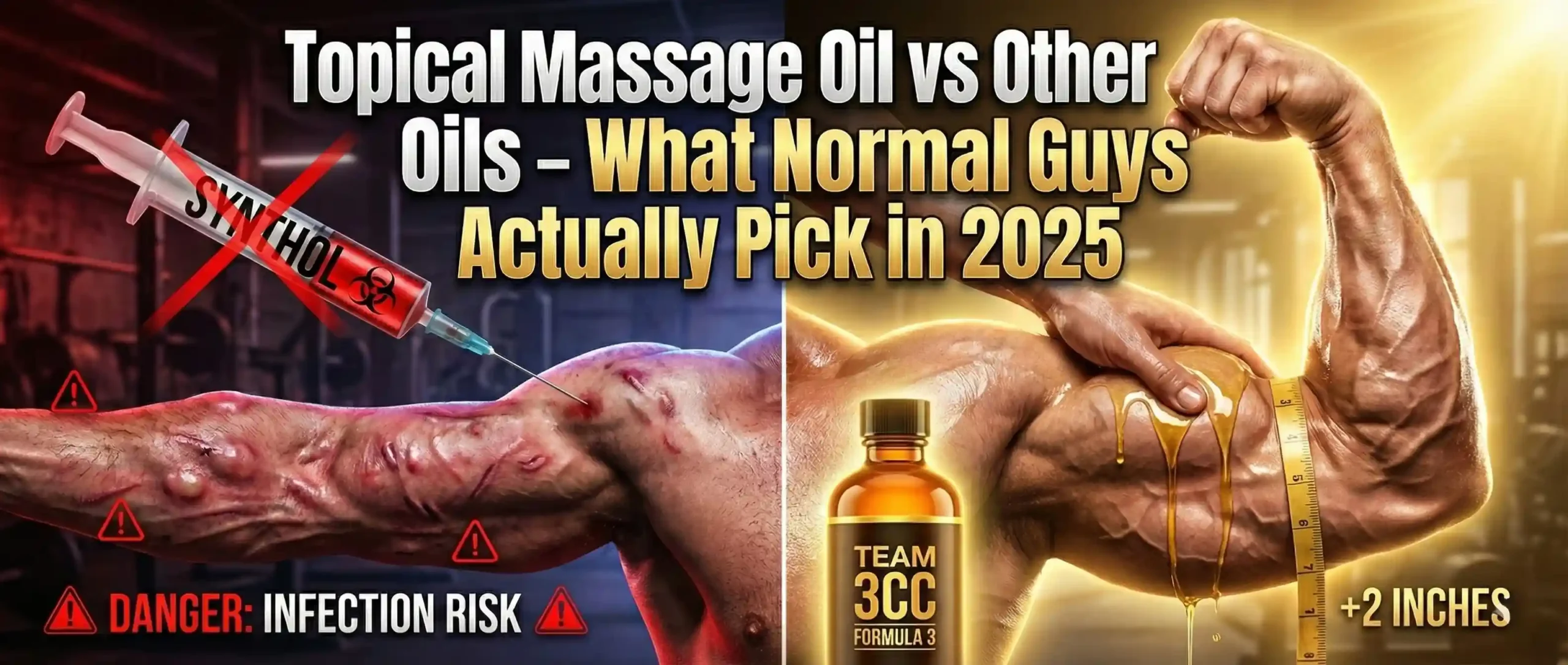 topical massage oil banner with syringe and massage oil on other side