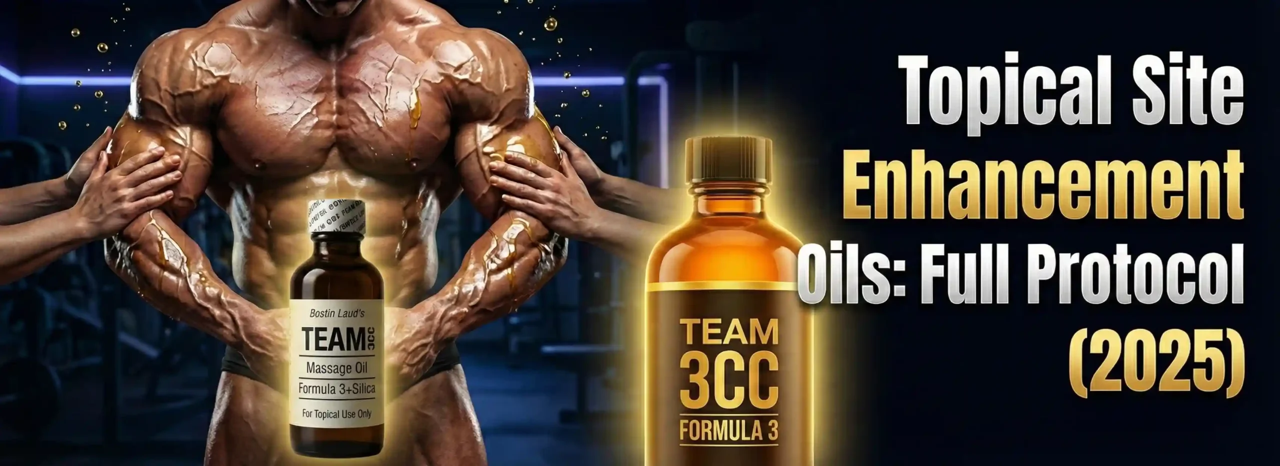 topical oils 2025 banner image with massage oil and a bodybuilder in back ground